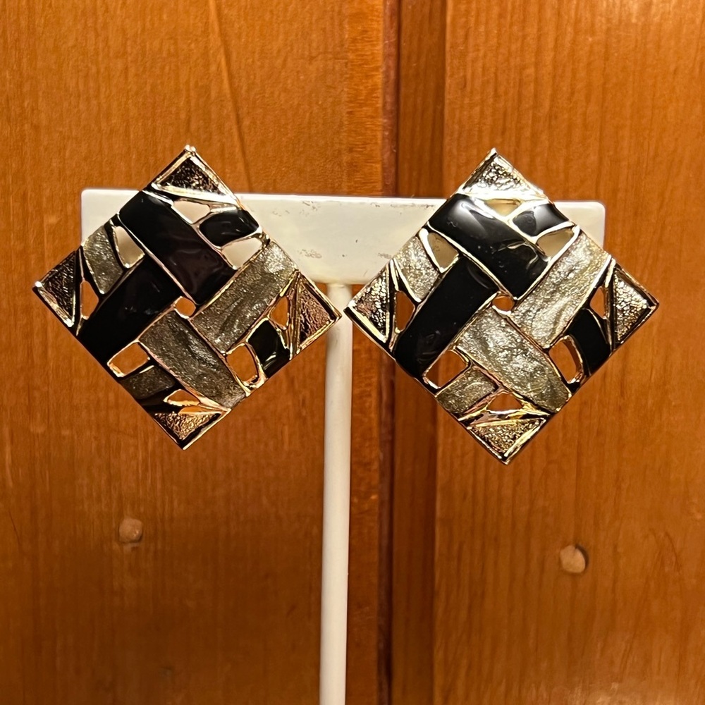 Vintage black and silver enamel and gold tone post earrings